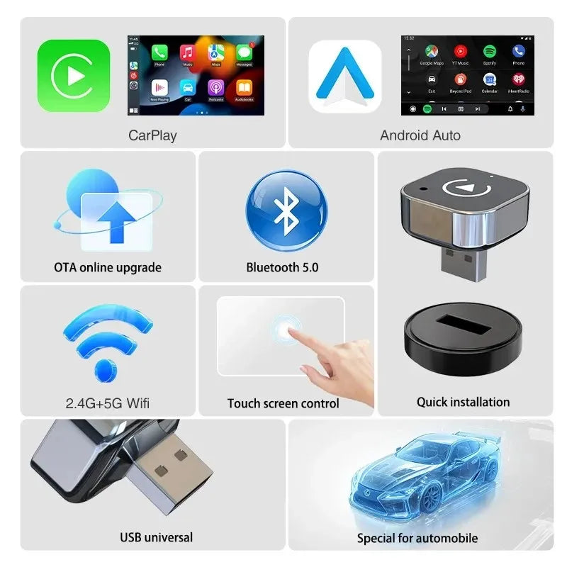 Pionray 2-in-1 Wireless CarPlay & Android Auto Adapter – AI Smart Box for All Cars – Universal Compatibility with Seamless Wirel